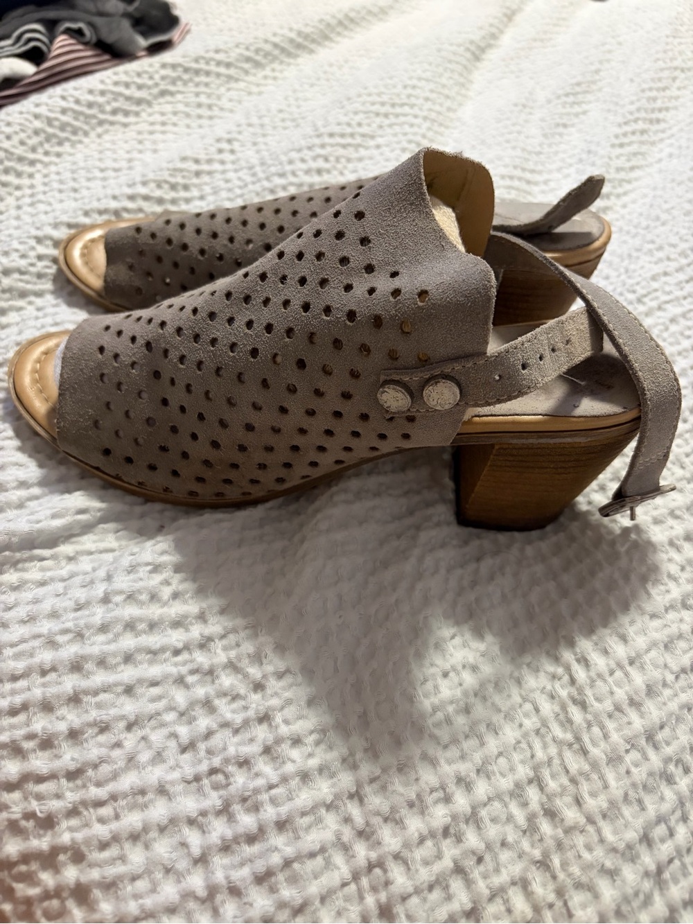 Perforated Grey  Suede Slingback Block Heel Sandal